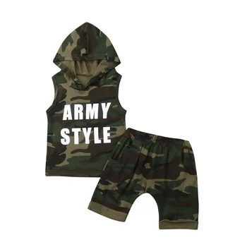 2019 Nye 2STK lille Barn Børn Baby Dreng Army Style Hooded Vest Toppe Shirt Camouflage Shorts Bukser Outfit Tøj 1-5 Y