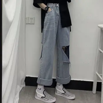 Jeans Kvinder Denim Casual Løs Hul Lige Bukser, Vintage Grundlæggende Streetwear Dame Efteråret Ulzzang Trendy Bunden Ny Mode