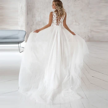 Billige Brudekjole Plus Size Illusion Applique A-linje, Se-gennem Tyl brudekjoler Robe De Mariage De Vestido Noiva