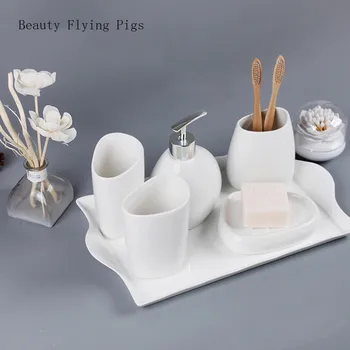 WSHYUFEI Ren hvid keramik Badeværelse Tilbehør Sæt sæbedispenser tandbørsteholder vatpind max Badeværelse Vask Produkter