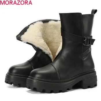 MORAZORA 2021 Ægte læder støvler med tykke hæle firkantet tå damer sko vinter natur uld ankel støvler til kvinde