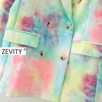 Zevity Kvinder Mode Dobbelt Breasted Farverige Tie-dye Blazer Frakke Kvinder med Lange Ærmer Casual Overtøj, der Passer Smarte Mærke Toppe CT557