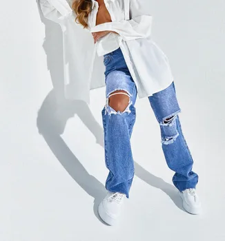 Blå Mødre Jeans Kvinder Med Høj Talje Mode Løs Lange Bukser 2021 Nye Ankomst Flået Hul, Hule Street Style Hip Hop Denim Bukser