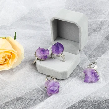 Natural Amethyst Crystal Ring for Mænd og Kvinder, Sten, smykker, Dekoration Bryllup Gaver, Healing, Meditation dekoration justerbar