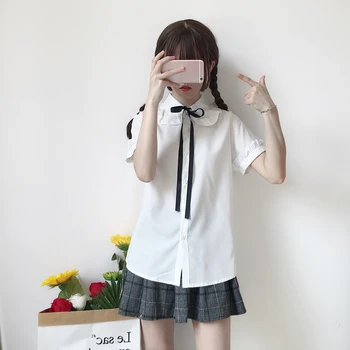 Koreanere preppy stil studerende hvide skjorter top sommeren nye bow tie flæser kvinder søde bluser og toppe, korte ærmer blusas feminina