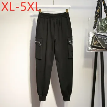Ny 2020-damer efterår og vinter plus size blyant cargo bukser for kvinder, store løse casual bomuld sort lomme bukser 3XL 4XL 5XL