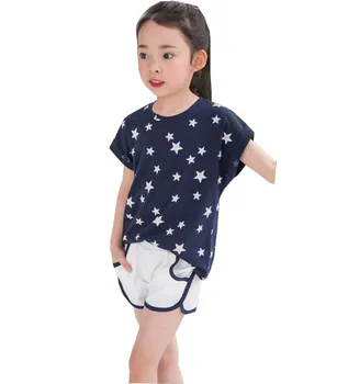 Børn Sommer bomuld pige Gypsophila shorts + T - shirt sæt børnetøj rund hals bomuld afslappet jakkesæt 2 3 4 5 6 7 år