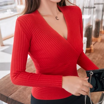 Efterår og Vinter Pullover Sweater Strikket Elasticitet Kvinder på Tværs af Dyb V-hals Sexet Mode Slank Trøjer koreanske Kvinder Trøjer