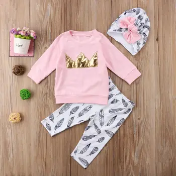 Pudcoco Nye Stil 3stk Kid Baby Pige Crown Pink Toppe, T-shirt Fjer Lange Bukser Tøj Børnene Foråret kjoler til Efteråret 0-4T Hot