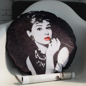 Klassisk Elegant Sort Audrey Hepburn Velvet Runde Pudebetræk Pudebetræk Dekorativ Stol, Sofa Pude Dække Diameter Størrelse 40