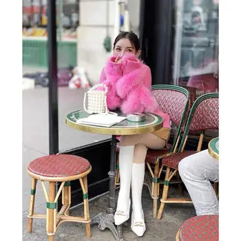 DEAT 2020 nye vinter rund hals fuld ærmer ægte pels patchwork knitiing rosa farve pullover sweater kvindelige top varm WO6220