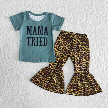 Engros Baby Piger Boutique-Outfits Børn Kortærmet Blå Mama Shirt Leopard Bell-Bund Bukser Børn Fashionable Sæt