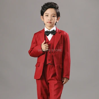 Drenge Rød Jakke, Vest, Bukser 3stk, der Passer til Bryllupper Enfant Garcon Drenge Blazer Kjole Japan Børn Klaver Scenen Passer Kostume