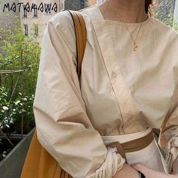 MATAKAWA Casual Solid Farve Var Tynd langærmet Bluser koreanske Efteråret Tøj Skrå Single-breasted Blusas Løs Shirts