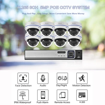 AZISHN Face Detection H. 265 8CH 5MP POE NVR CCTV-System Kit 5MP Lyd Registrere IP Kamera Udendørs Vandtæt Videoovervågning Sæt