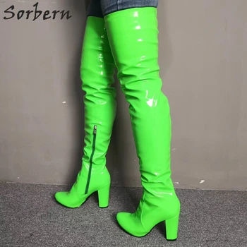 Sorbern Neon Grøn Thigh High Kvinder Boot Block Hæle Catwalk Kvinders Mode Custom Bred Kalv Passer til Damer, Støvler Låret Støvler
