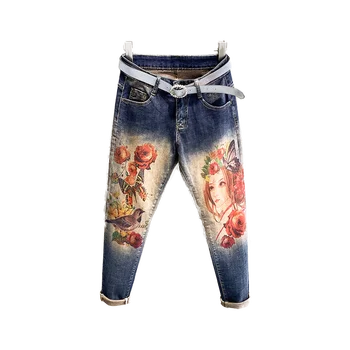 Kvinder Jeans Blyant Blomster Print I Høj Talje Plus Size Mor Denim Bukser Nye Kvindelige Maxi Bukser