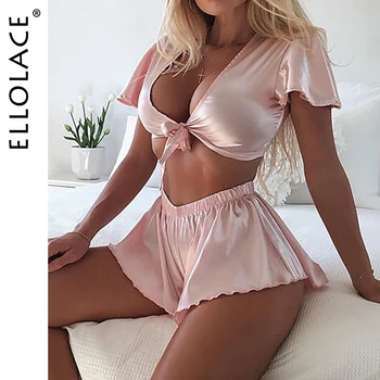 Ellolace Nattøj Silke Efterligning Kvinders Pyjamas Dyb-V snøre Sexet Natkjole Pyjamas Sæt Kulør Sexet Pink Nightie Engros