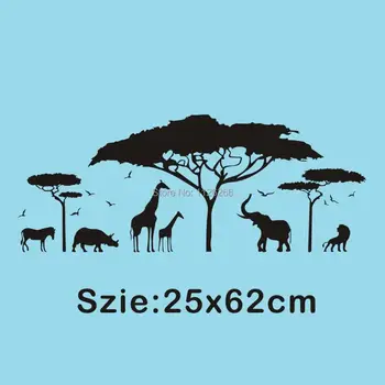 African Safari Dyr Wall Sticker Træ Vægoverføringsbillede Natur Giraf Væg Kunst, Indretning Børnehave