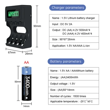 AA Genopladelige Batteri 3400mWh 1,5 v AA Li-ion, Lithium Batteri med LCD-Oplader til 1,5 v Li-ion-AA AAA Genopladelige AA batteri