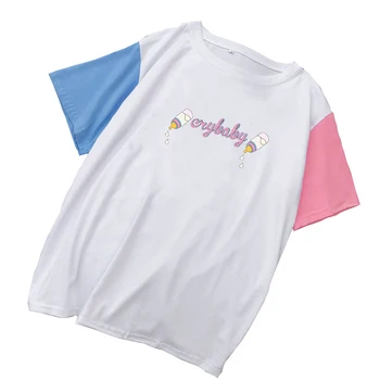 Sommer Nyt Kvinder T-Shirt Afslappet Harajuku Kawaii Sutteflaske Trykt T-Shirt Femme Mutlicolor Patchwork Bomuld Cry Baby Toppe