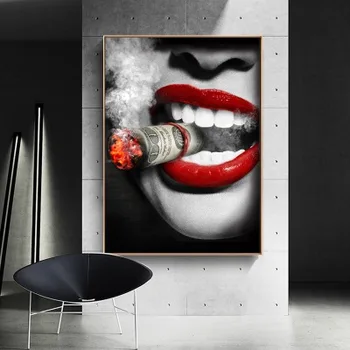 Sexet kvinde med røde læber og cigaret kunst maleri plakat print dekorative maleri