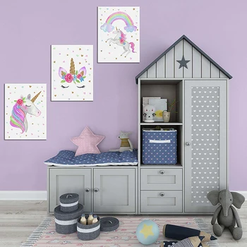 Træ Indrammet, Klar til At Hænge Lærred Væg Kunst Pige Værelse, Super Søde Akvarel Unicorn Udskriver til Børnehave Pige Soveværelse Decor 3 Pc ' er