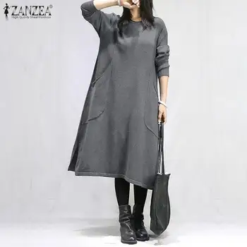 ZANZEA Vintage langærmet Sweatshirt Kjole Stilfulde Kvinder Efteråret Afslappet Sundress Solid Kaftan Mid-kalv Vestido Plus Size Kjole