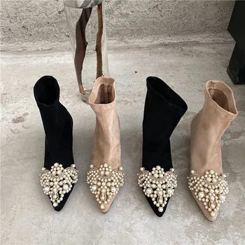 Hånd-syet sko damer luksus sko rhinestone perle sexede støvler til kvinder sko til kvinder 2020 tynd hæle ankel støvler til kvinde