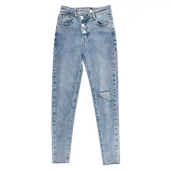 Skinny Jeans Kvinde, Høj Talje Rippet Elastisk Denim Små Fødder Bukser Mode Blå Vask med Ni point Blyant Bukser