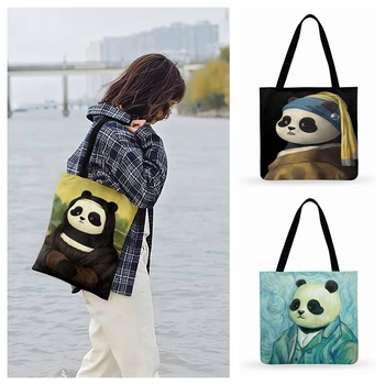 Offentlig Stranden Tasker Panda Kunst Maleri Print Tote Taske Til Kvinder Casual Tote Damer Skuldertaske Foldable Shopping Bag