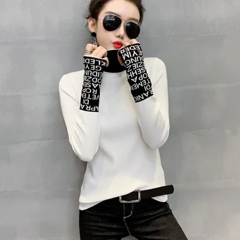 Foråret Efteråret Strikket Sweater Kontor Dame Rullekrave Pullover Slim Fit Kontrast Ærmer Koreansk Mode Sweter Damski
