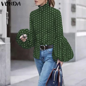 Bluse Kvinder'Tops 2021 VONDA Elegante Kontor Arbejde Shirts Vintage Polka Dot Trykt Toppe Plus Size tunika styles Lange Ærmer Blusas S-5XL