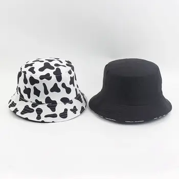 Ny Mode Ko Print Hat Hvid Sort Spand Hat Reversible Fisker Caps Sommer Hatte Til Kvinder Gorras