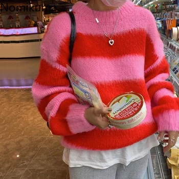 Nomikuma Candy Farve Stribet Strikket Sweater Kvinder O-Hals Lange Ærmer koreanske Sød Pullover Jumpere Kvindelige Sueter Mujer 3d644