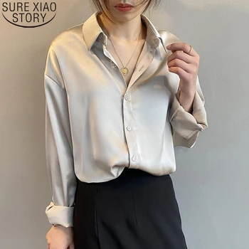 Damer Vintage Skjorte Langærmet Bluse Kvinder 2021 Mode Koreanske Satin Bluser Loose-Toppe-Knappen Op Plus Size Blusas 11355