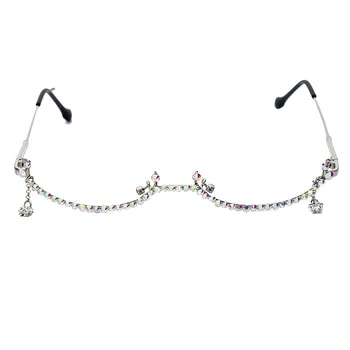 Fashion Diamond Frame Briller til Kvinder Dråbe Vand linse mindre Kæde Vedhæng Halv Frame Luksus Rhinestone briller nuancer
