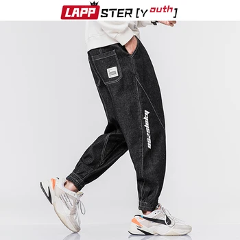 LAPPSTER-Unge Mænd Blå Wahsed Jeans Bukser 2020 Brev Print Hip Hop Harajuku Denim Bukser koreanske Mode Casual Black Jeans