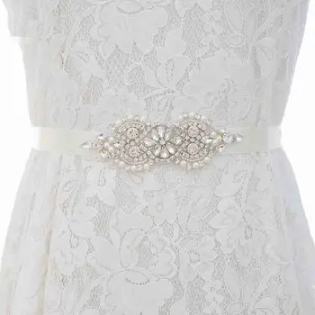 MOLANS Boutique Rhinestone Perle Perlebesat Linninger for Bridal Wedding Dress Crystal Bælte Bue Med Satin Bånd, Satin Bælte