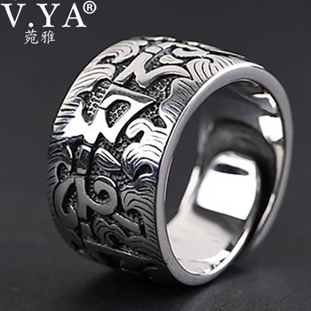 V. YA i Ægte Sølv 925 Seks Ord Ring For Mænd Kæmpe store Åbne Ringe Buddha Klart Indgraveret Vintage Mandlige Smykker