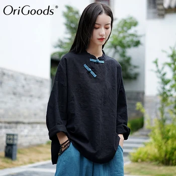 OriGoods Kinesisk stil Bluse Kvinder Vintage langærmet Bluse Shirt af Bomuld og Linned Plus size Bluse Shirt Oprindelige Toppe C260