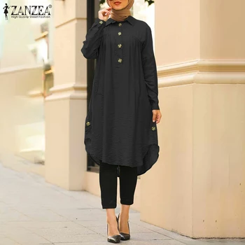Vintage Dubai Abaya Tyrkiet Hijab Blusas ZANZEA Kvinder Lang Skjorte Retro Muslimske Bluse Casual Efteråret Lange Ærmer Løse Toppe 5XL