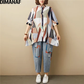 DIMANAF Plus Size Bluse Shirts Kvinder Tøj Sommer Bomuld Dame Toppe, Tunika Tynd Print Geometriske Casual Løs Knap Cardigan