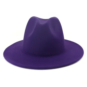 Wide Brim Lilla Rød Bund Patchwork Kirke Derby Top Hat Panama Følte Fedoras Hat til Kvinder, Mænd kunstige uld Jazz Cap 2021