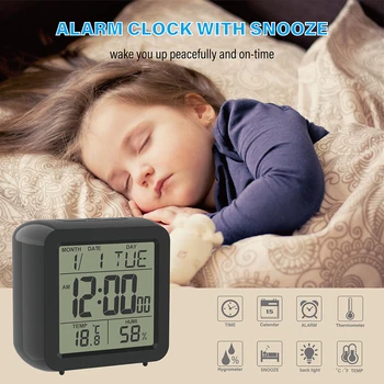 Elektroniske Tabel Snooze Alarm Kalender Børn Sengen Ur med Baggrundslys & Hjem Temperatur & Indendørs Luftfugtighed Batteri