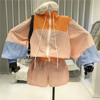 Korea 2020 Nye Mode stå krave Lange ærmer hit farve jakke frakke + casual korte bukser 2 delt Sæt kvinder