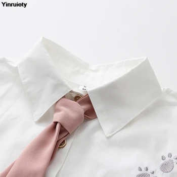 Japansk Mori Girl Efterår Forår Kvinder Shirt Søde Kawaii Kat Fodaftryk Bow Skole Uniform Preppy Stil Animationsfilm Hvid Bluse