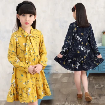 Pige sommer kjole med lange ærmer børn tøj blomstrede kjoler 3 5 8 10 12 år pige vestidos enfant gul hvid koreanske kjole