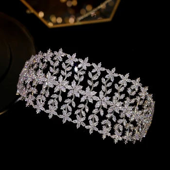 Nye Luksus Zirconia Krystal Blomst Tiaras Hovedklæde Royal Dronningens Krone For Brudepige Parade Fest