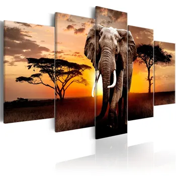 Abstrakt Lærred Kunst Maleri 5 Stykker Gå Elefant I Sunset Afrika Græsarealer Natur Væg Kunst, Dekoration Billede Med Hjem Indretning